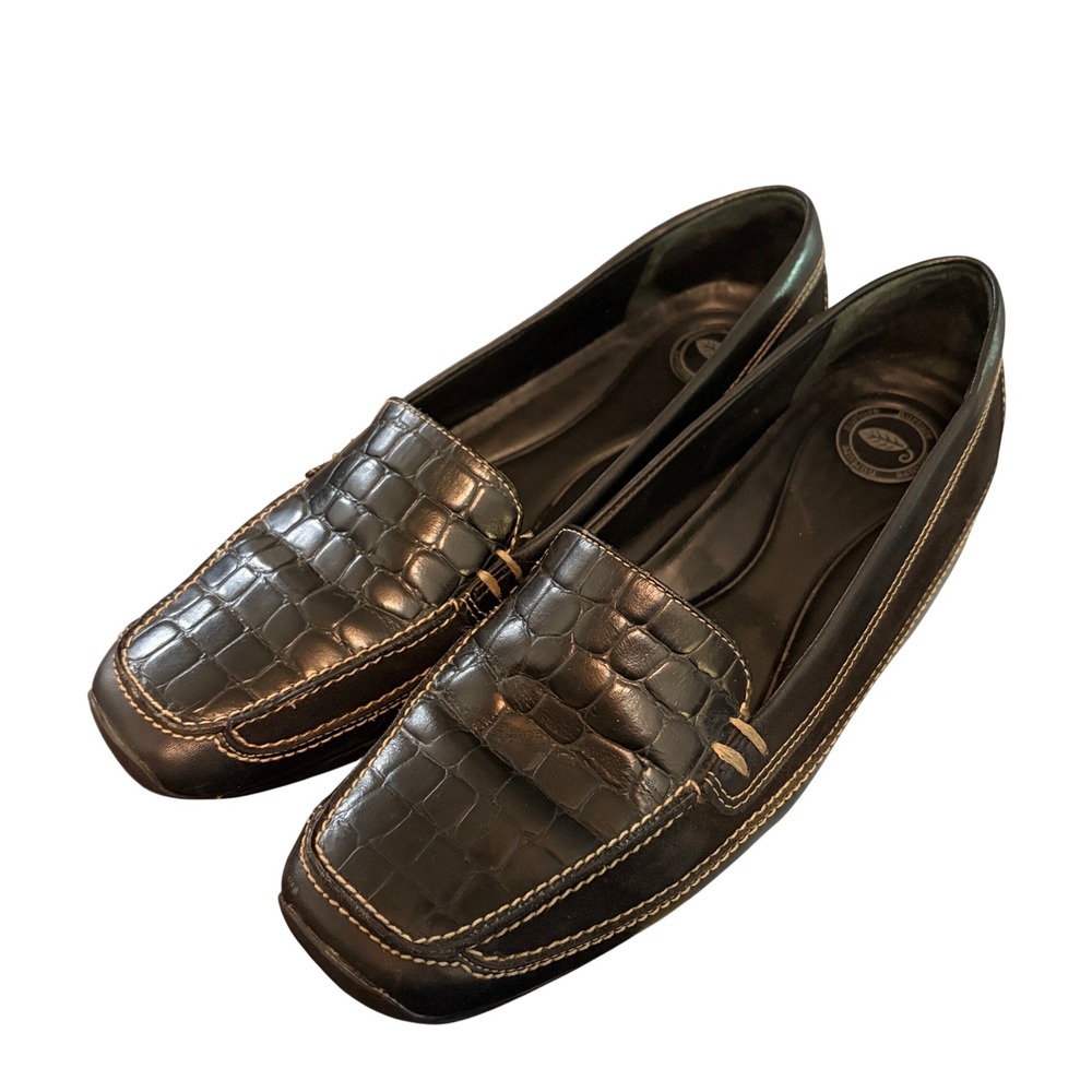 Nurture‎ Loafers Women's 8M Black Leather Croc Embossed Wedge Contrast Stitching
